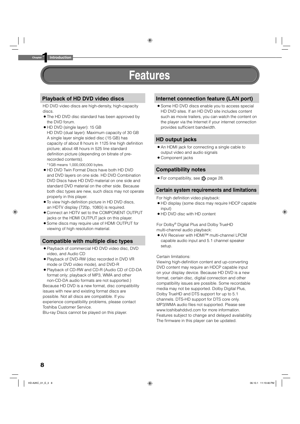 Features | Toshiba HD-A2KC User Manual | Page 8 / 72