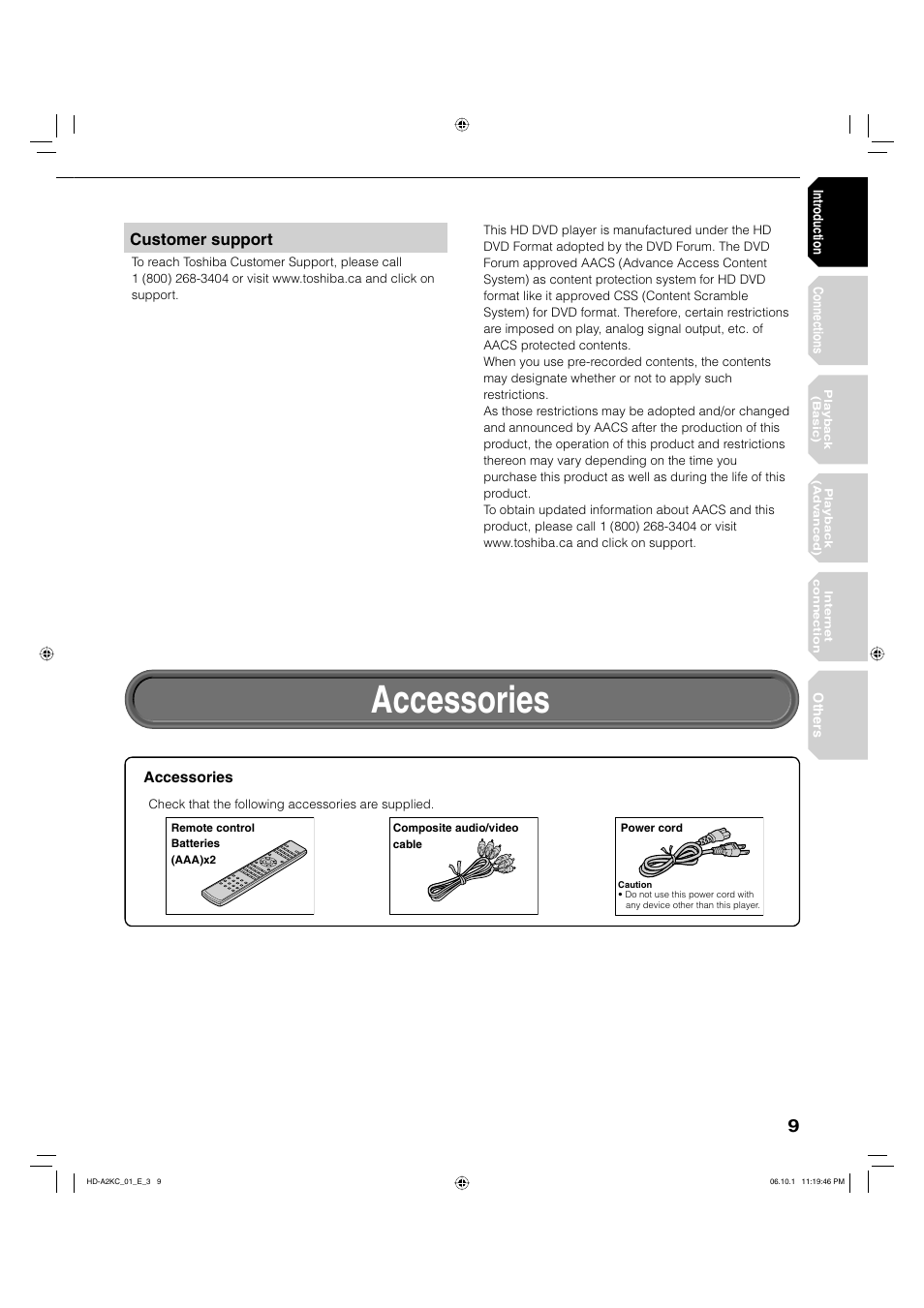 Accessories, Customer support | Toshiba HD-A2KC User Manual | Page 9 / 72