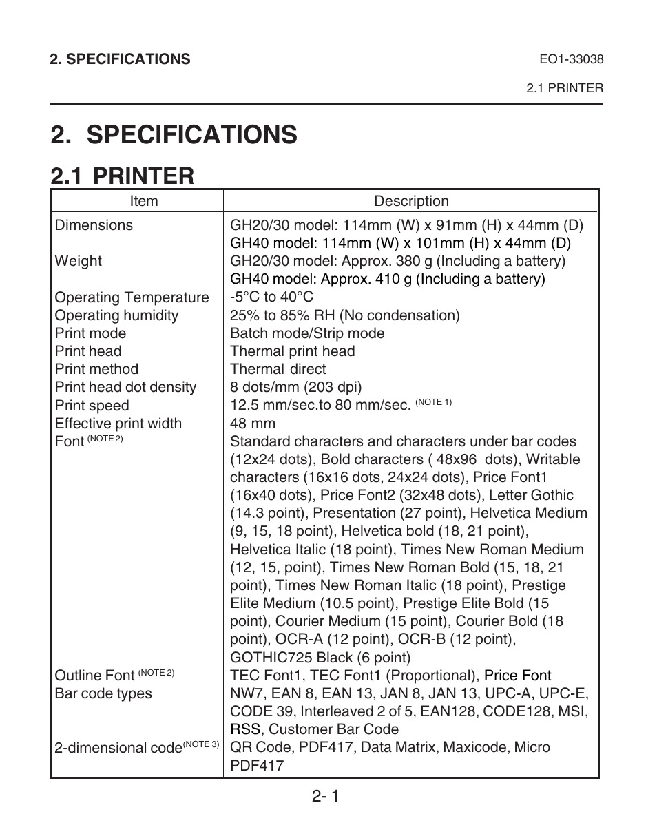 Specifications, Printer, 1 printer | Toshiba B-SP2D User Manual | Page 15 / 50