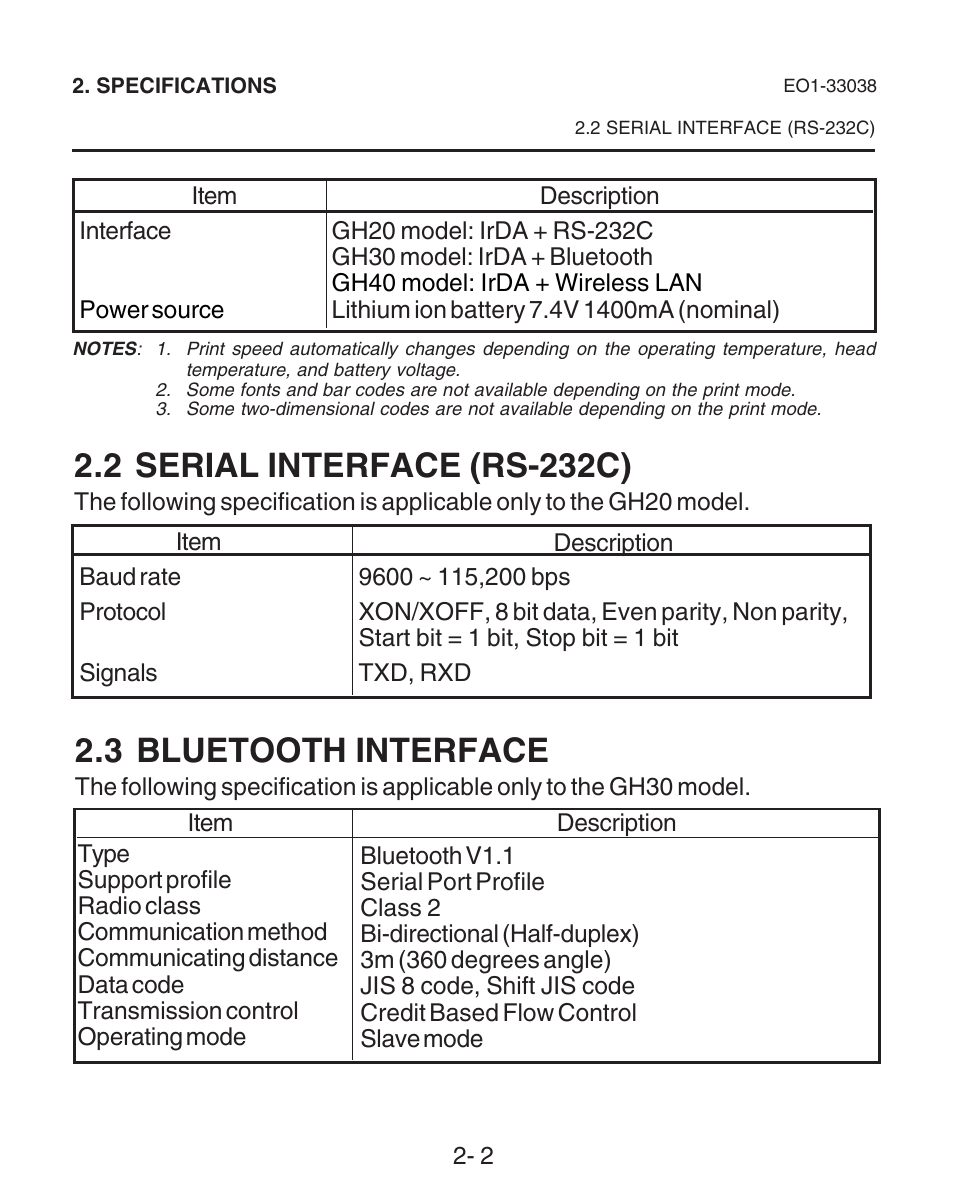 Serial interface (rs-232c), Bluetooth interface, 2 serial interface (rs-232c) | 3 bluetooth interface | Toshiba B-SP2D User Manual | Page 16 / 50