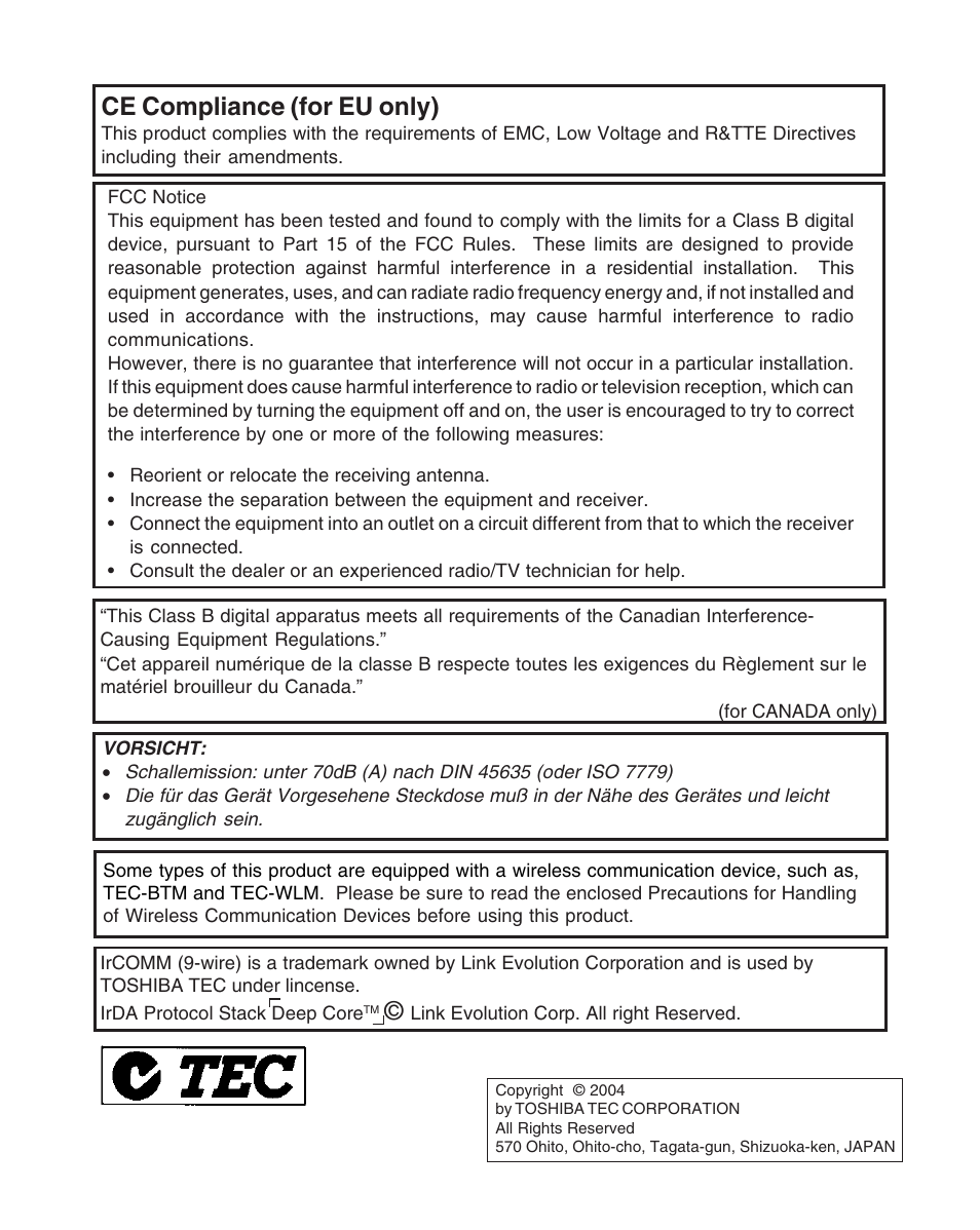 Ce compliance (for eu only) | Toshiba B-SP2D User Manual | Page 2 / 50