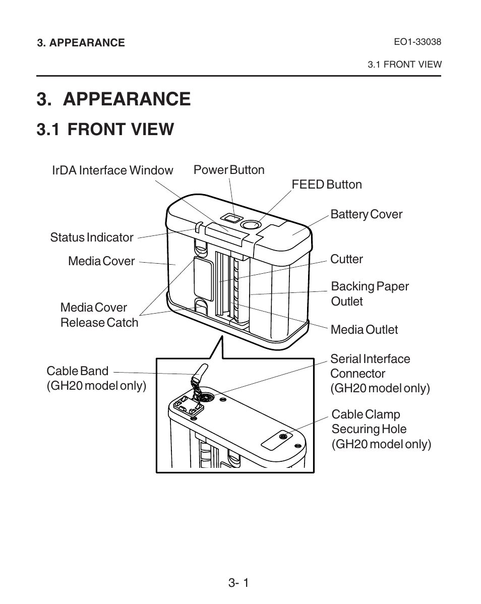 Appearance, Front view, 1 front view | Toshiba B-SP2D User Manual | Page 21 / 50