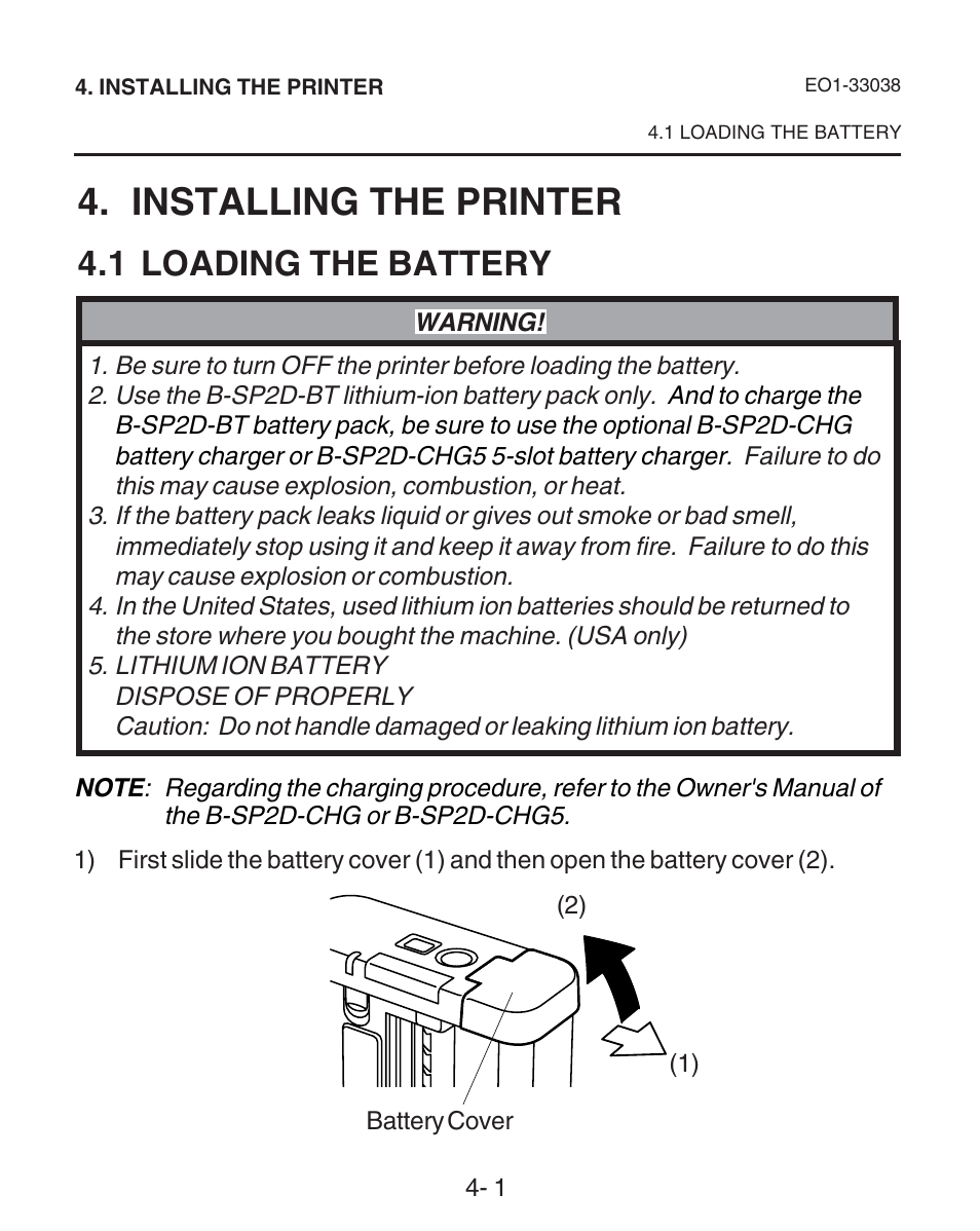 Installing the printer, Loading the battery, 1 loading the battery | Toshiba B-SP2D User Manual | Page 23 / 50