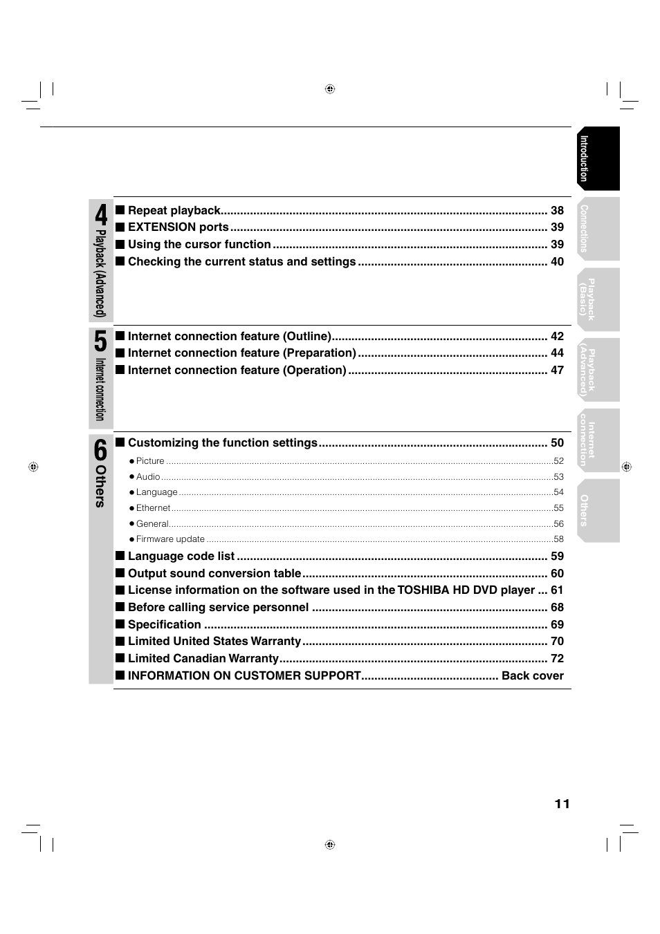 Pla ybac k (ad vanced), Internet connection, Other s | Toshiba HD-A20KU User Manual | Page 11 / 76