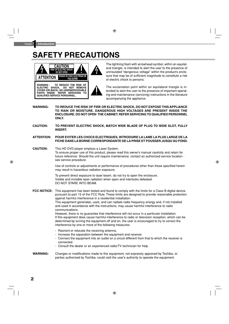 Safety precautions, Attention | Toshiba HD-A20KU User Manual | Page 2 / 76