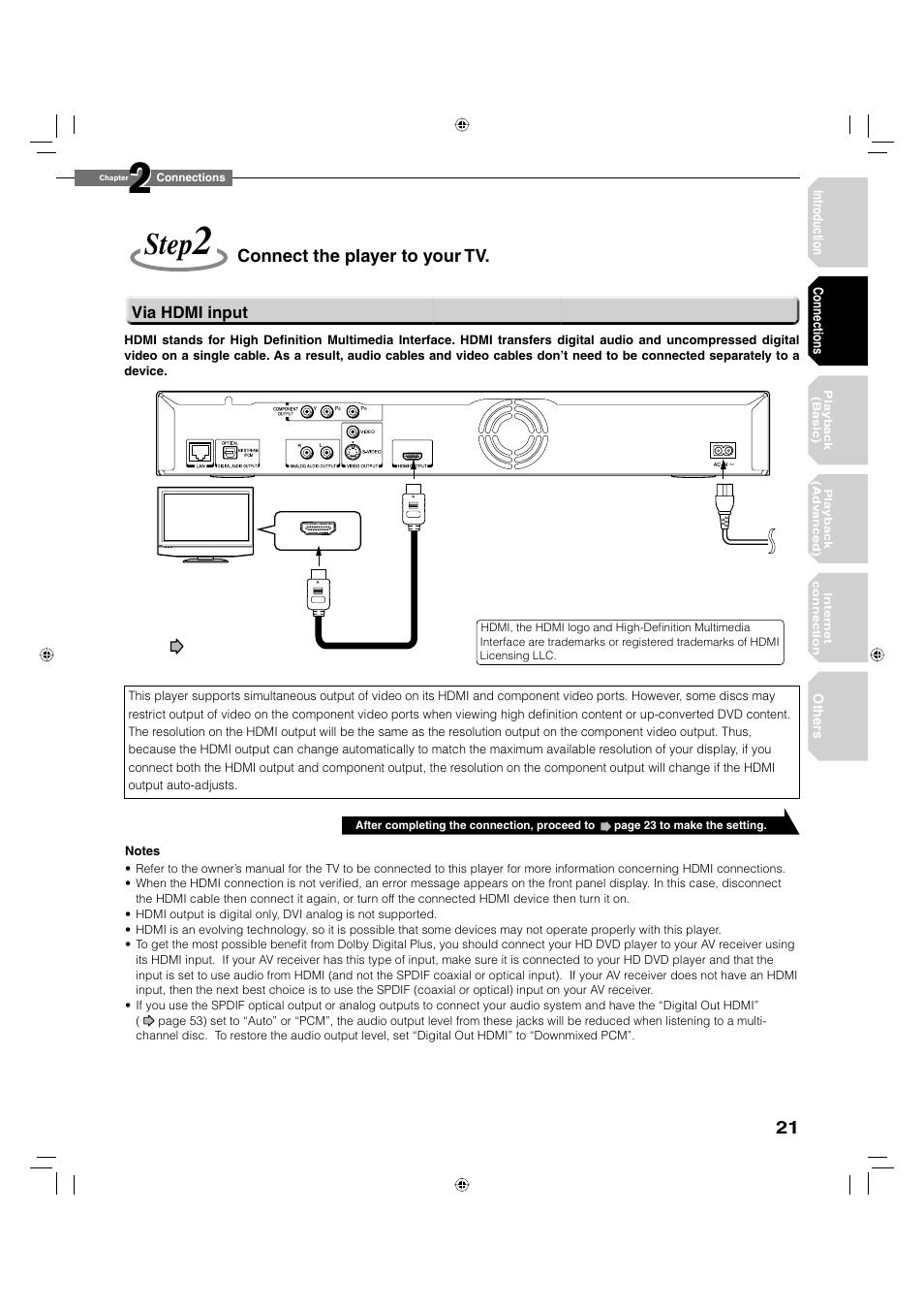Step, Connect the player to your tv | Toshiba HD-A20KU User Manual | Page 21 / 76