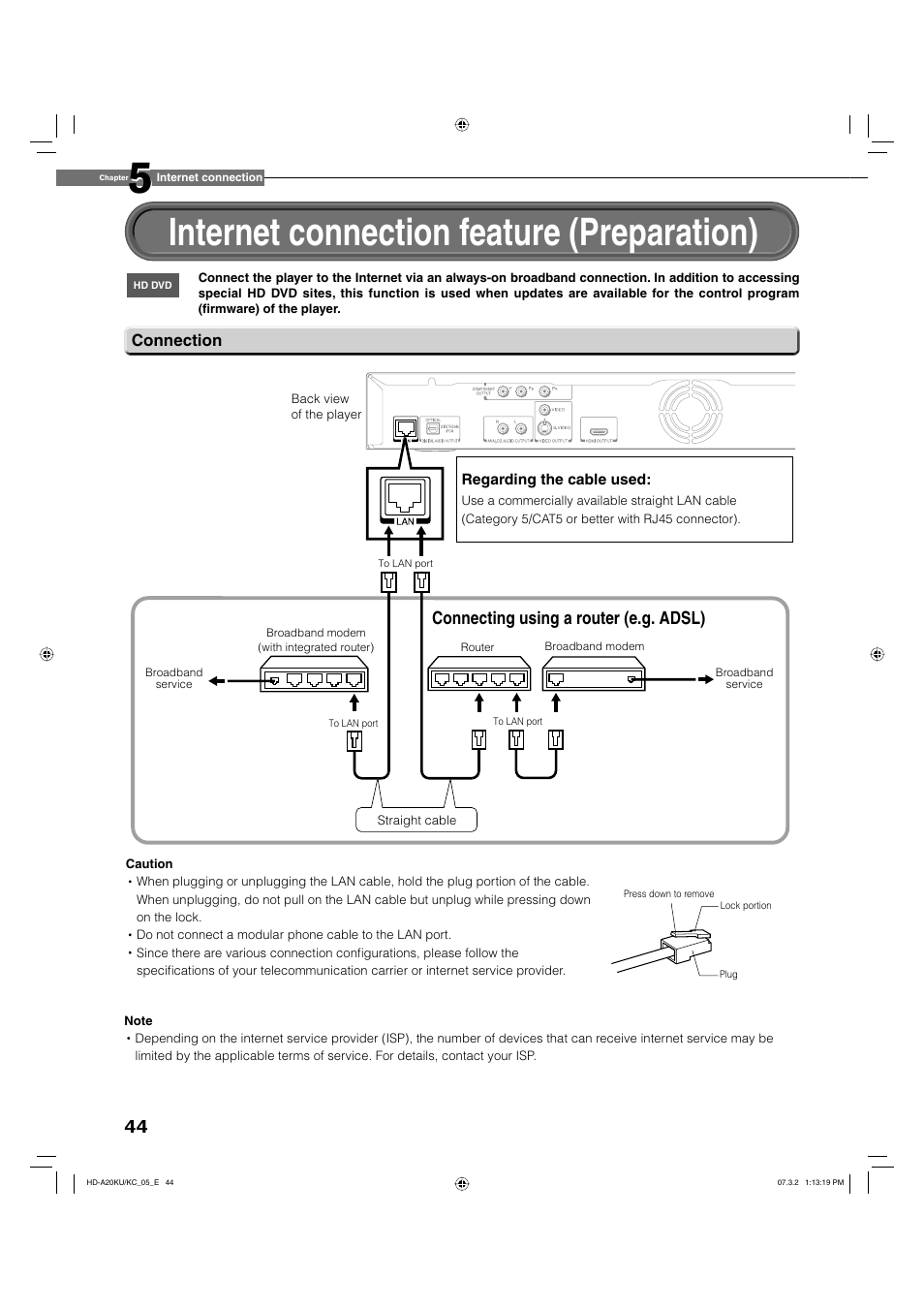 Internet connection feature (preparation), Connecting using a router (e.g. adsl) | Toshiba HD-A20KU User Manual | Page 44 / 76