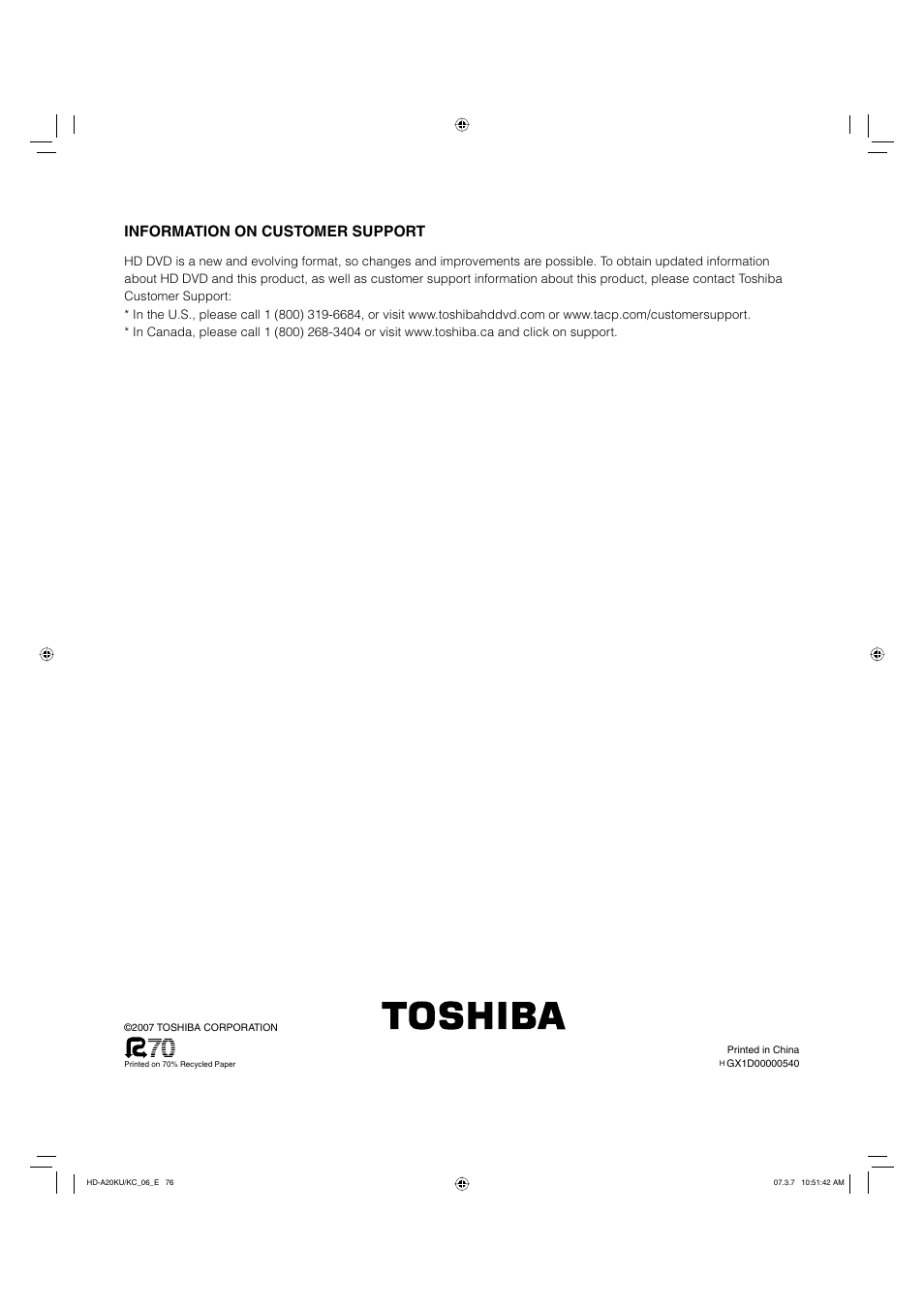 Information on customer support | Toshiba HD-A20KU User Manual | Page 76 / 76