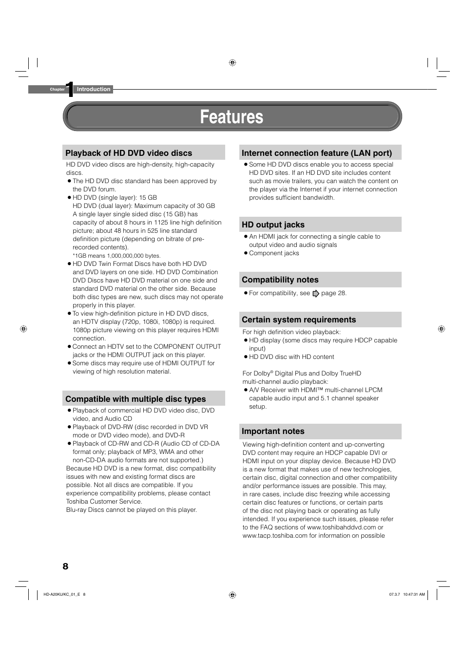Features | Toshiba HD-A20KU User Manual | Page 8 / 76