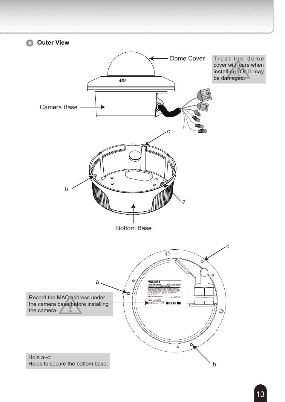 Bottom base outer view dome cover camera base a, Ab c | Toshiba 625012200G User Manual | Page 13 / 24