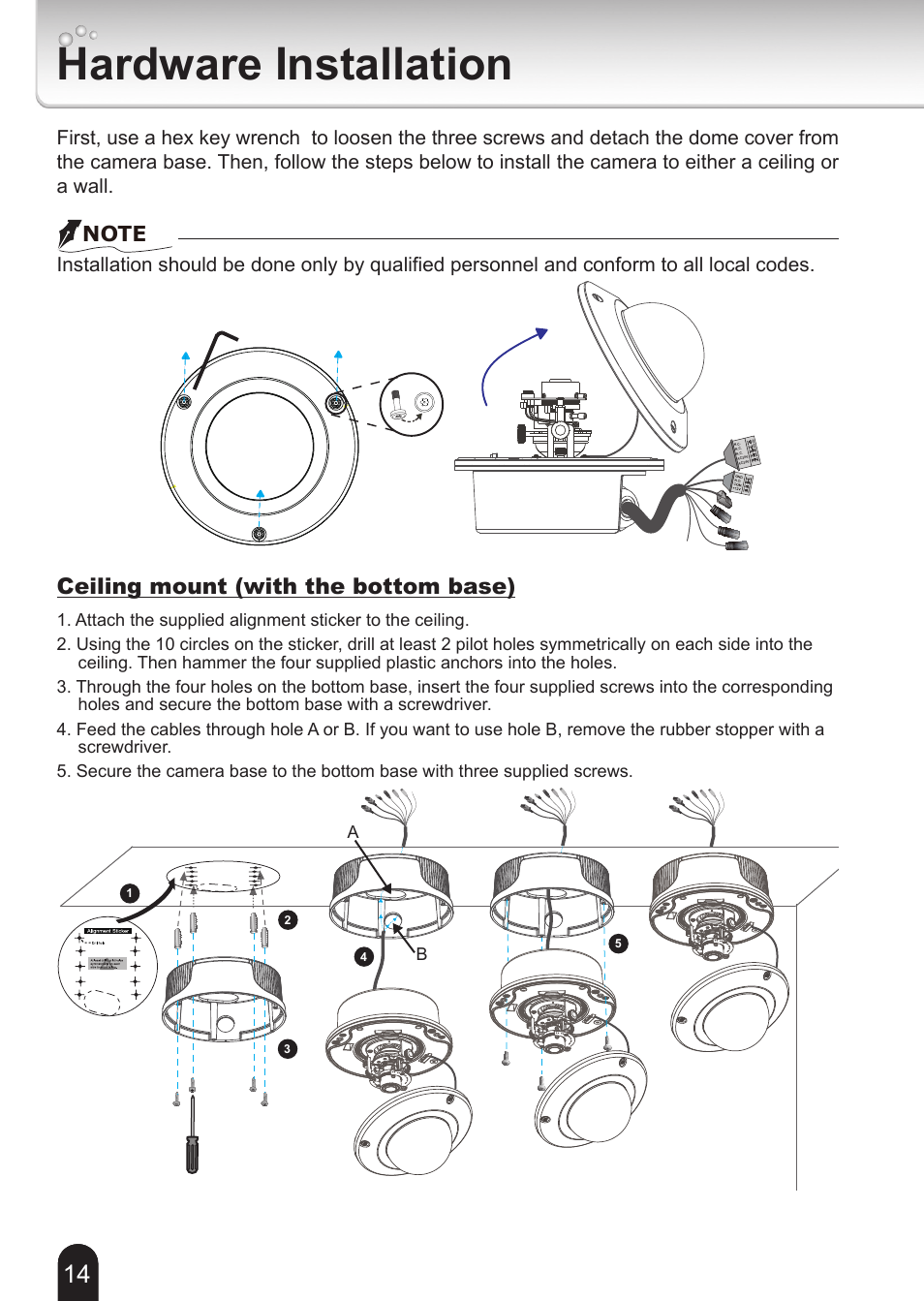 Hardware installation, Ceiling mount (with the bottom base) | Toshiba 625012200G User Manual | Page 14 / 24