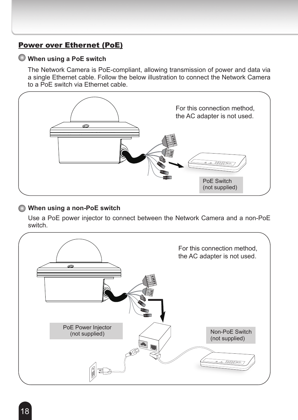 Power over ethernet (poe), Poe switch (not supplied) | Toshiba 625012200G User Manual | Page 18 / 24