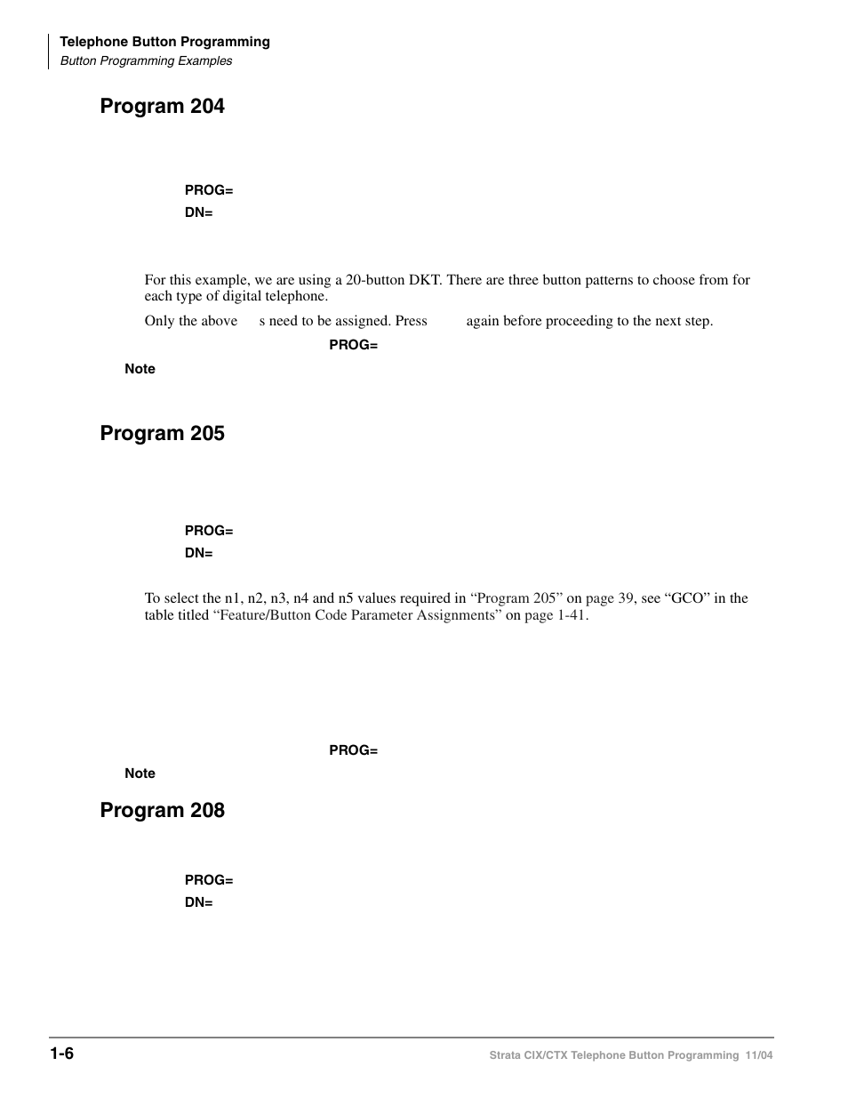 Program 204, Program 205, Program 208 | Program 204 -6 program 205 -6 program 208 -6 | Toshiba STRATA CIX User Manual | Page 10 / 144