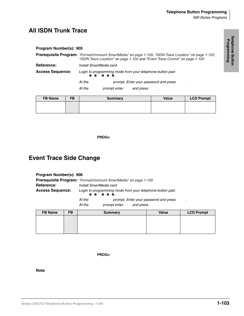 All isdn trunk trace, Event trace side change | Toshiba STRATA CIX User Manual | Page 107 / 144
