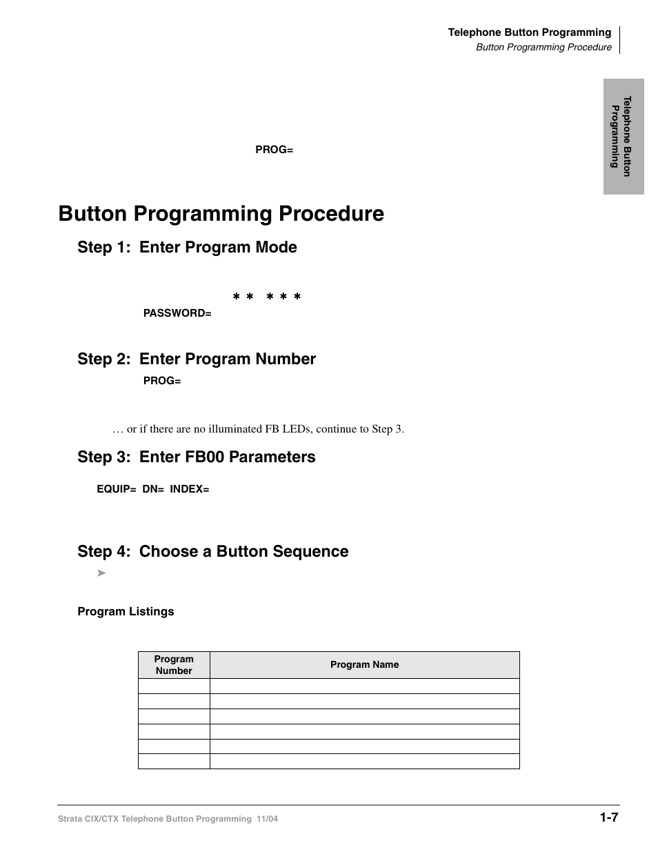 Button programming procedure, Step 1: enter program mode, Step 2: enter program number | Step 3: enter fb00 parameters, Step 4: choose a button sequence, Button programming procedure -7 | Toshiba STRATA CIX User Manual | Page 11 / 144