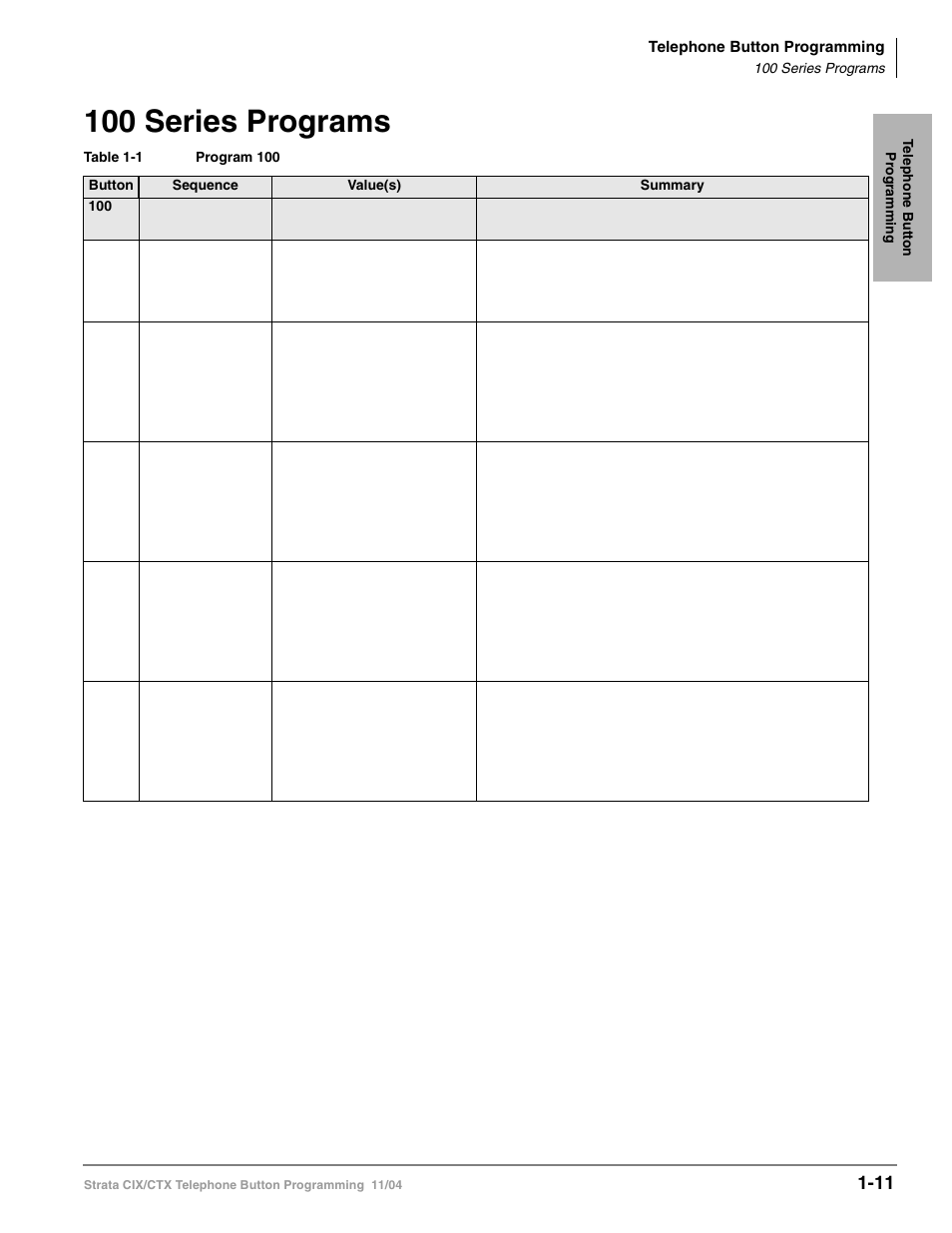 100 series programs, 100 series programs -11, Ìprogram 100î | Program 100 | Toshiba STRATA CIX User Manual | Page 15 / 144