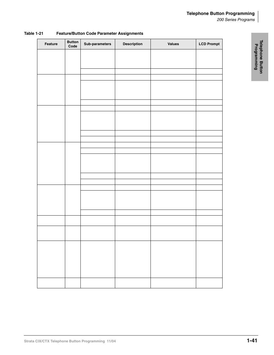 Ìfeature/button code parameter assignmentsî, Feature/button code parameter assignments, Ìfeature/button code | Parameter assignmentsî | Toshiba STRATA CIX User Manual | Page 45 / 144