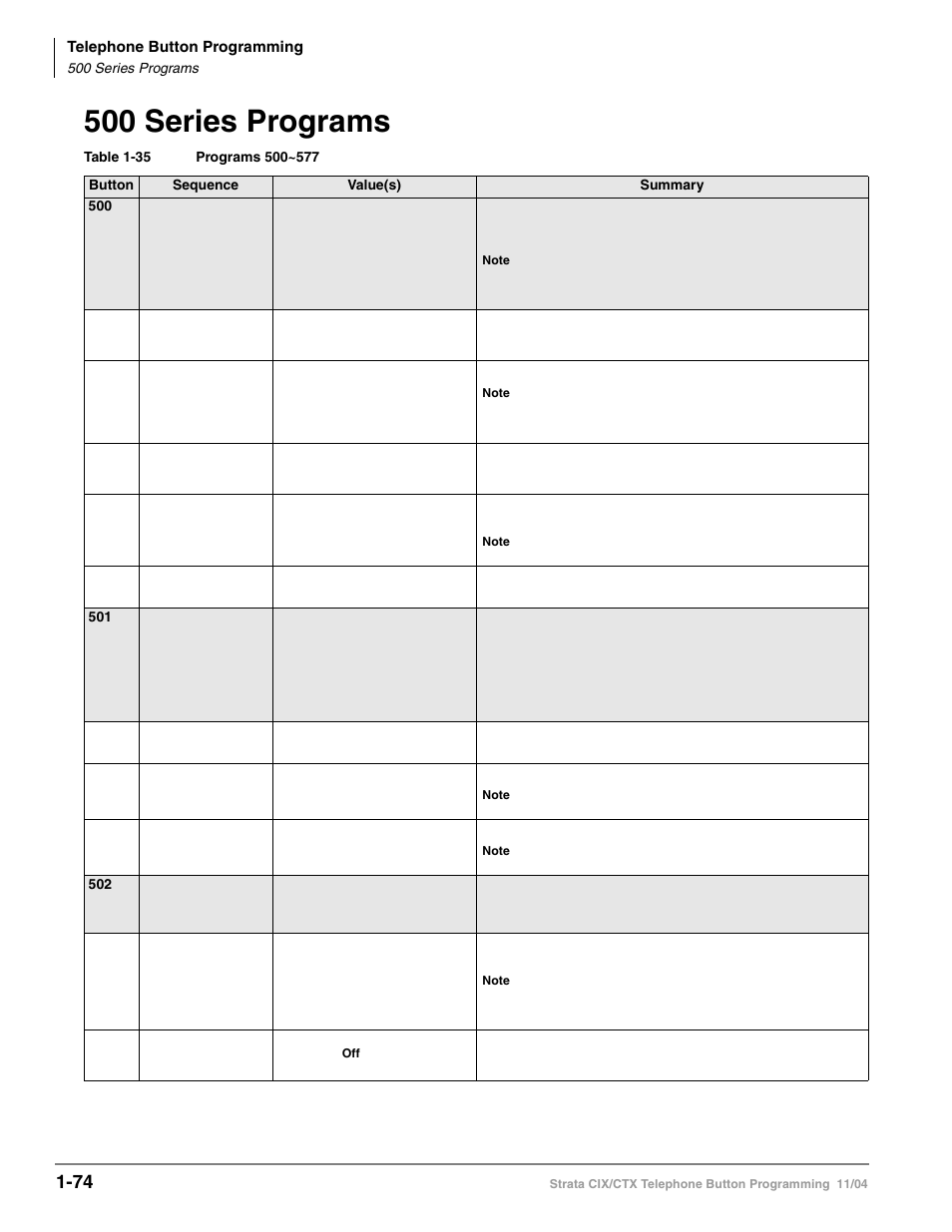 500 series programs, 500 series programs -74 | Toshiba STRATA CIX User Manual | Page 78 / 144