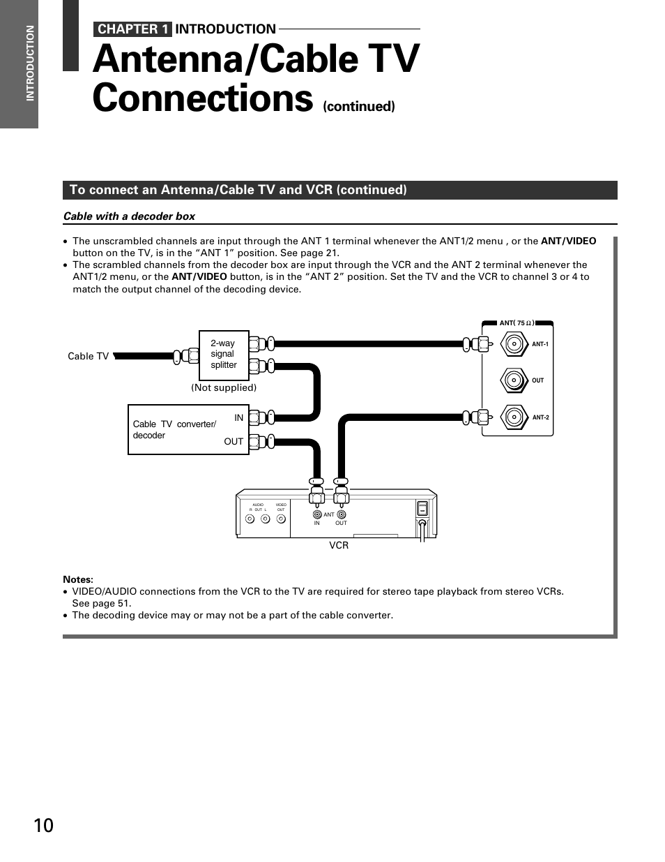 Antenna/cable tv connections, Continued), Chapter 1 introduction | Toshiba TP 50H60 User Manual | Page 10 / 63