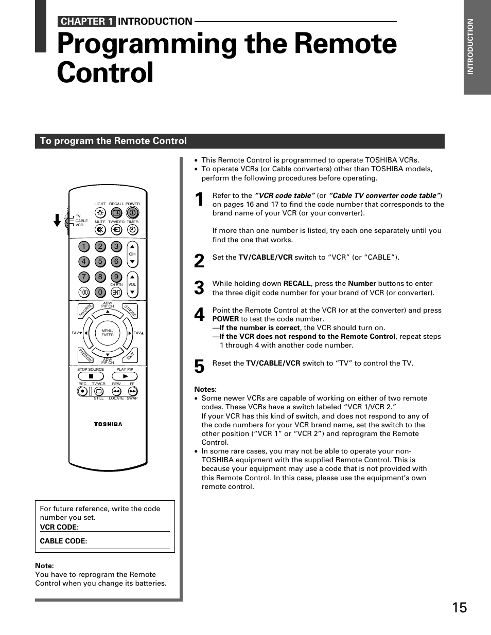 Programming the remote control, Chapter 1 introduction | Toshiba TP 50H60 User Manual | Page 15 / 63