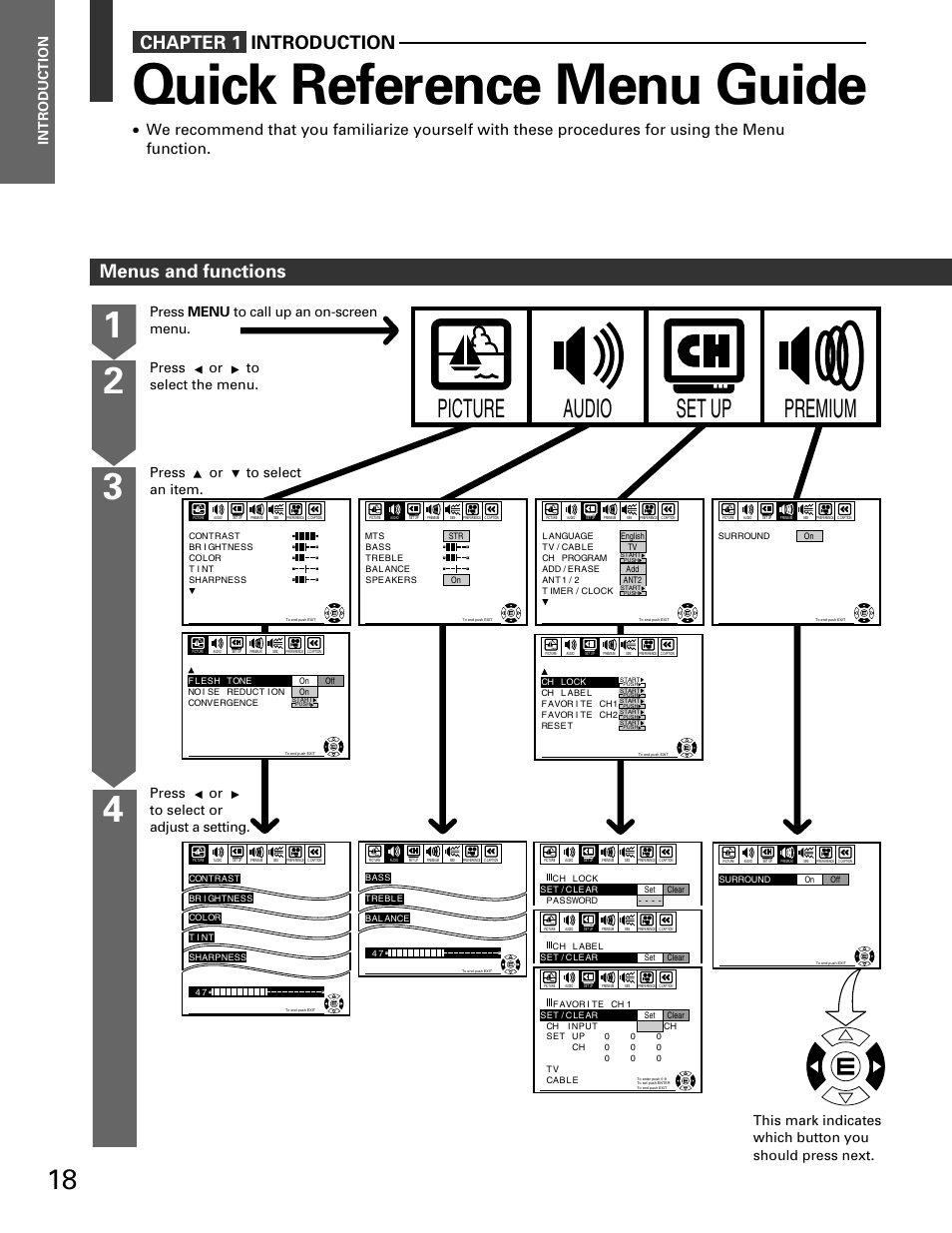 Quick reference menu guide, Set up audio premium picture, Chapter 1 introduction | Menus and functions, Introduction | Toshiba TP 50H60 User Manual | Page 18 / 63