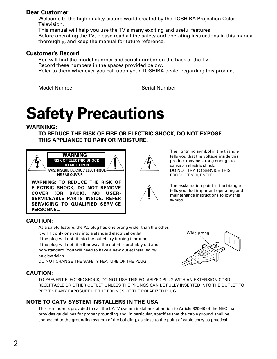 Safety precautions | Toshiba TP 50H60 User Manual | Page 2 / 63