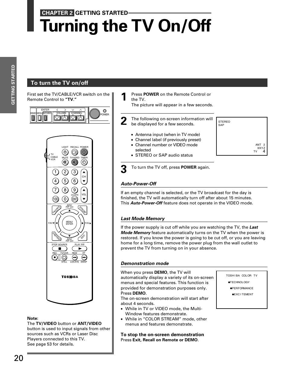 Getting started, Turning the tv on/off, Chapter 2 getting started | Toshiba TP 50H60 User Manual | Page 20 / 63