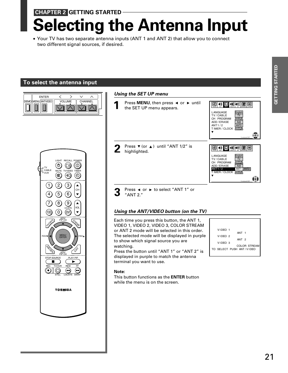 Selecting the antenna input, Using the ant/video button (on the tv), Get ting started | Toshiba TP 50H60 User Manual | Page 21 / 63