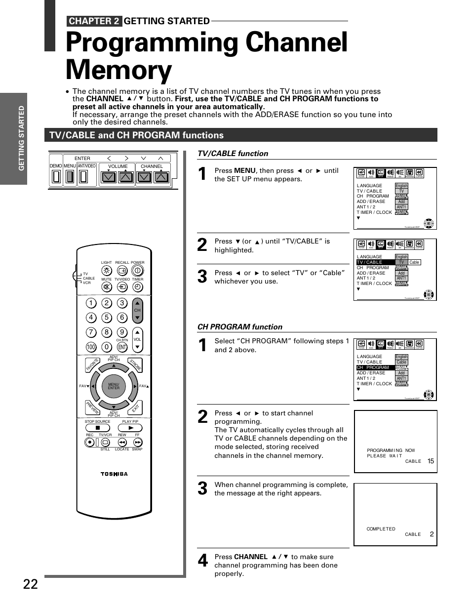 Programming channel memory, Tv/cable and ch program functions, Chapter 2 getting started | Tv/cable function, Ch program function | Toshiba TP 50H60 User Manual | Page 22 / 63