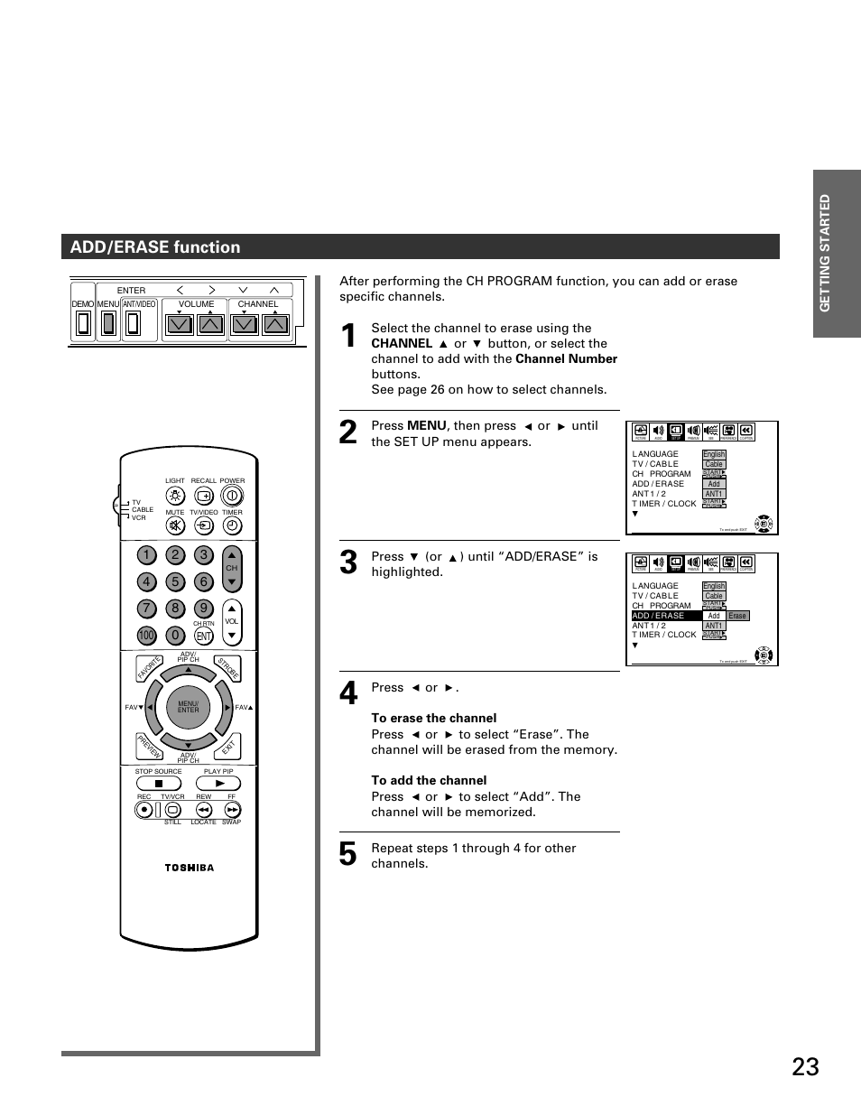 Add/erase function, Get ting started | Toshiba TP 50H60 User Manual | Page 23 / 63