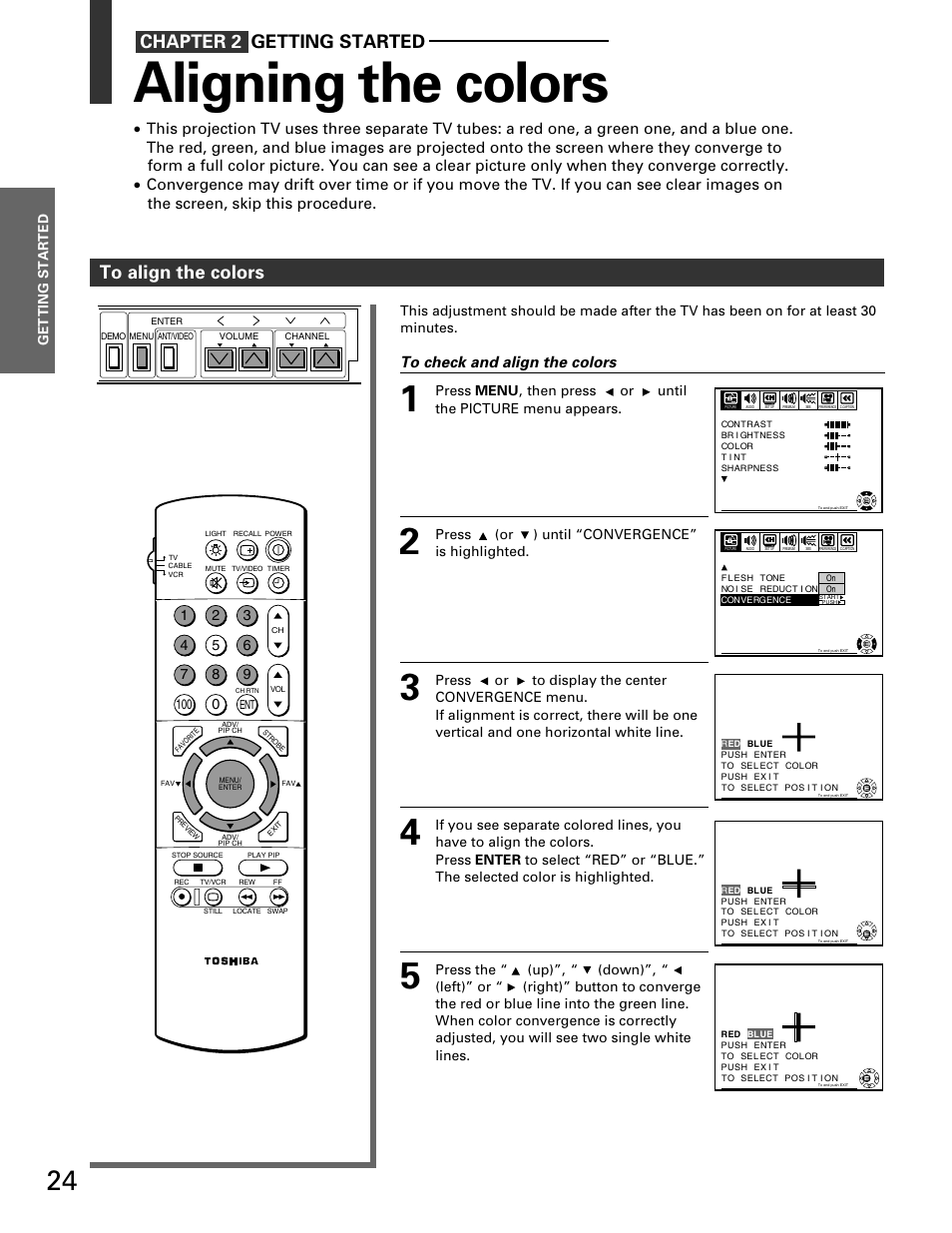 Aligning the colors | Toshiba TP 50H60 User Manual | Page 24 / 63