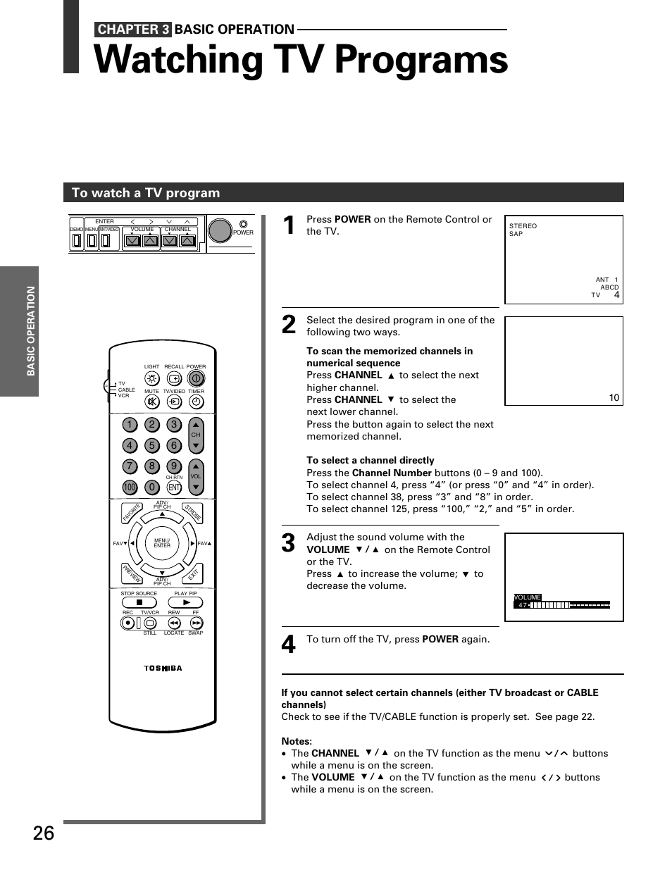 Basic operation, Watching tv programs, Chapter 3 basic operation | Toshiba TP 50H60 User Manual | Page 26 / 63