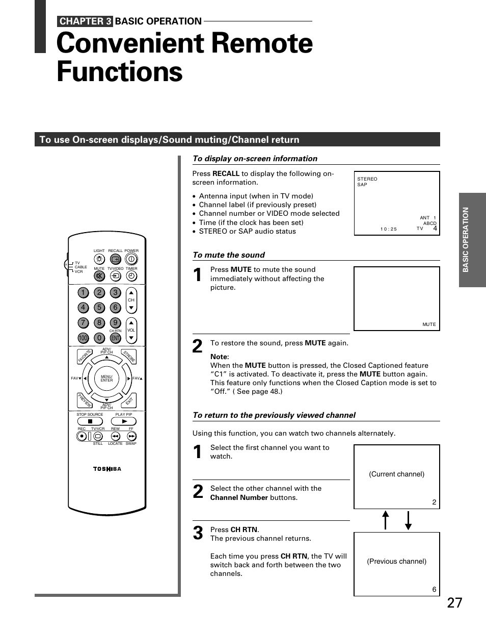 Convenient remote functions, Chapter 3 basic operation | Toshiba TP 50H60 User Manual | Page 27 / 63