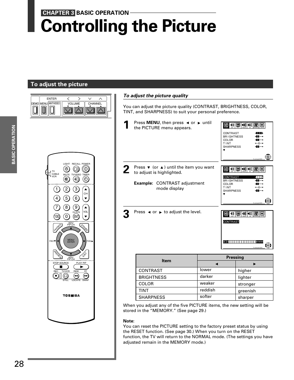 Controlling the picture | Toshiba TP 50H60 User Manual | Page 28 / 63