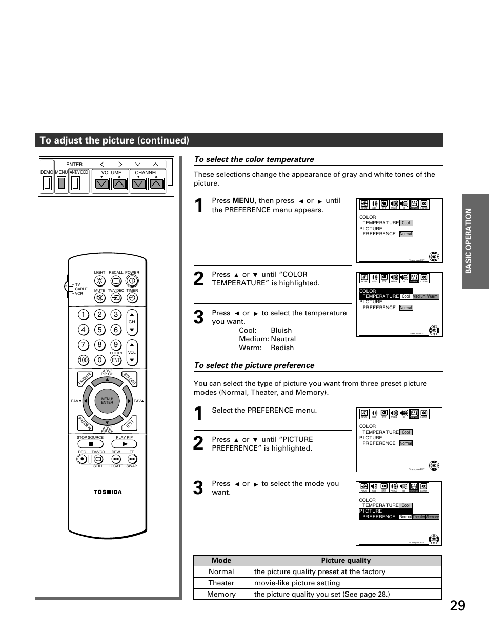 Basic operation | Toshiba TP 50H60 User Manual | Page 29 / 63