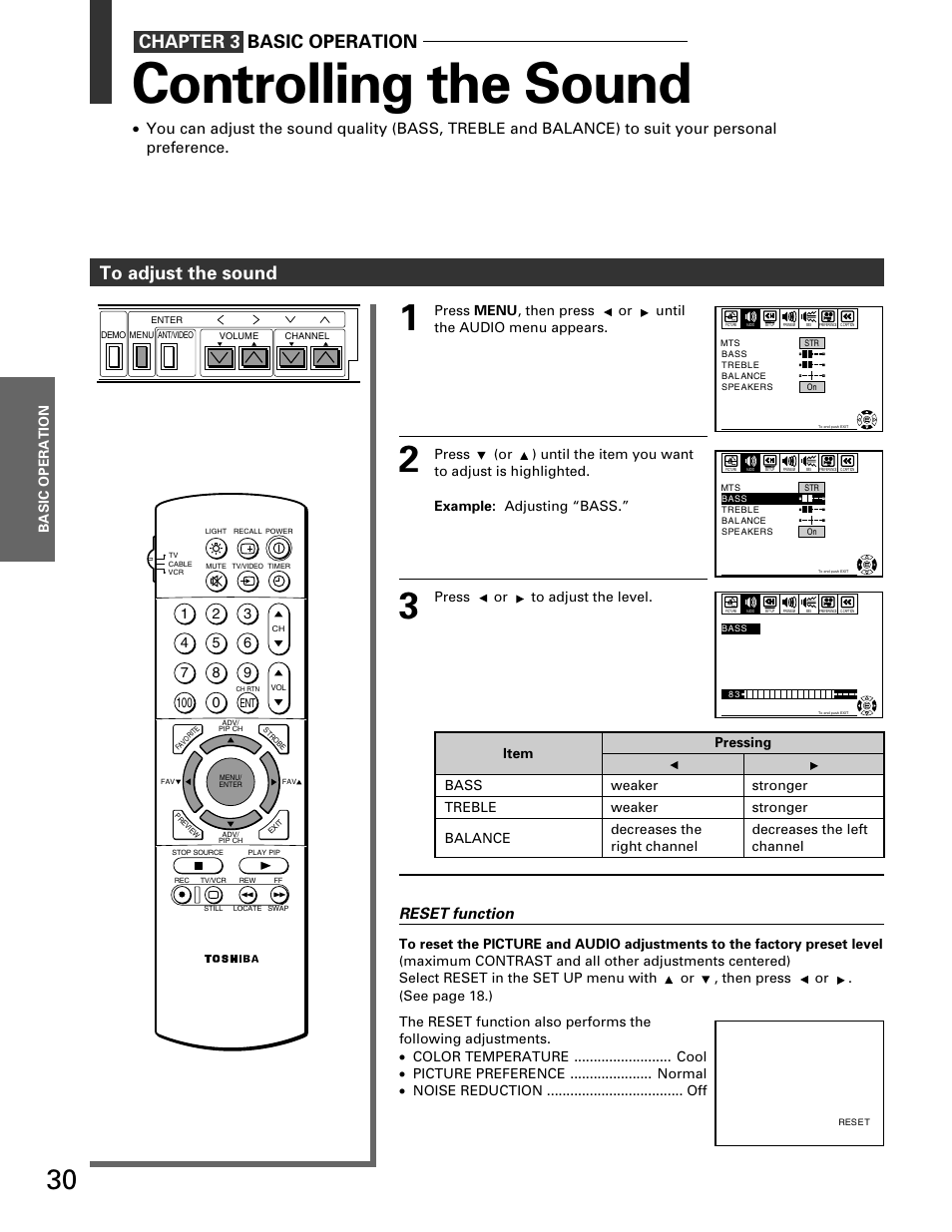 Controlling the sound, Chapter 3 basic operation, Reset function | Toshiba TP 50H60 User Manual | Page 30 / 63