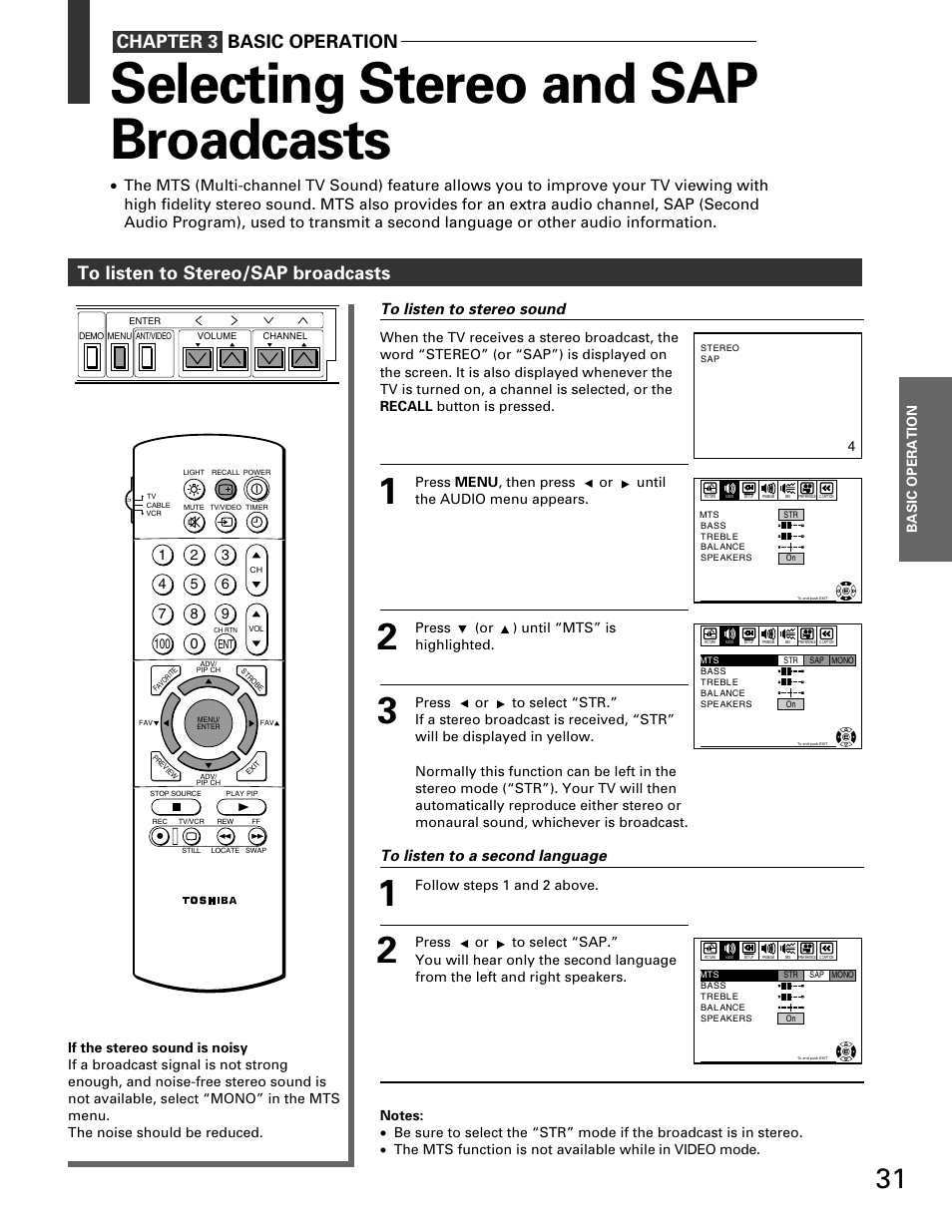 Selecting stereo and sap broadcasts, Chapter 3 basic operation | Toshiba TP 50H60 User Manual | Page 31 / 63