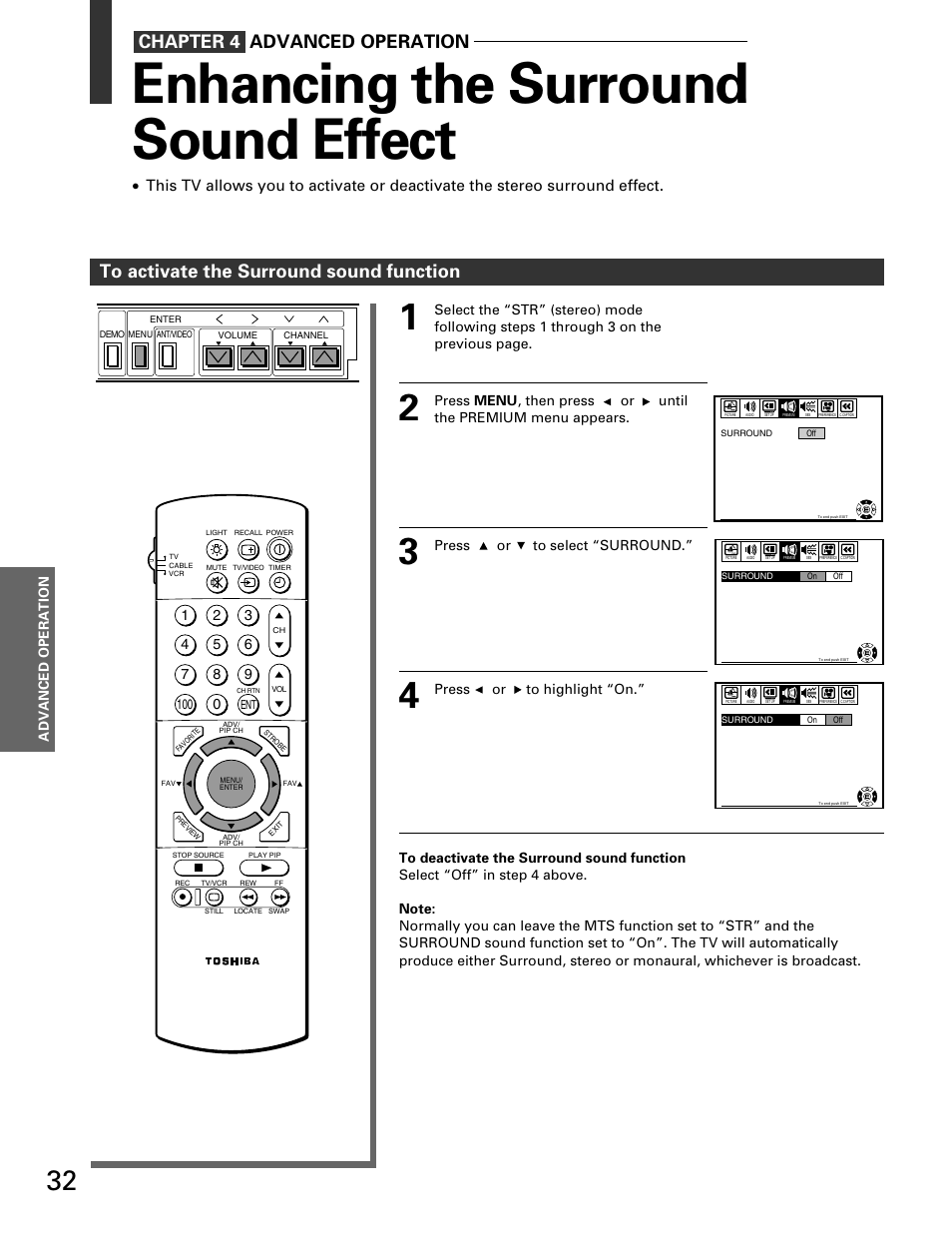 Advanced operation, Enhancing the surround sound effect | Toshiba TP 50H60 User Manual | Page 32 / 63