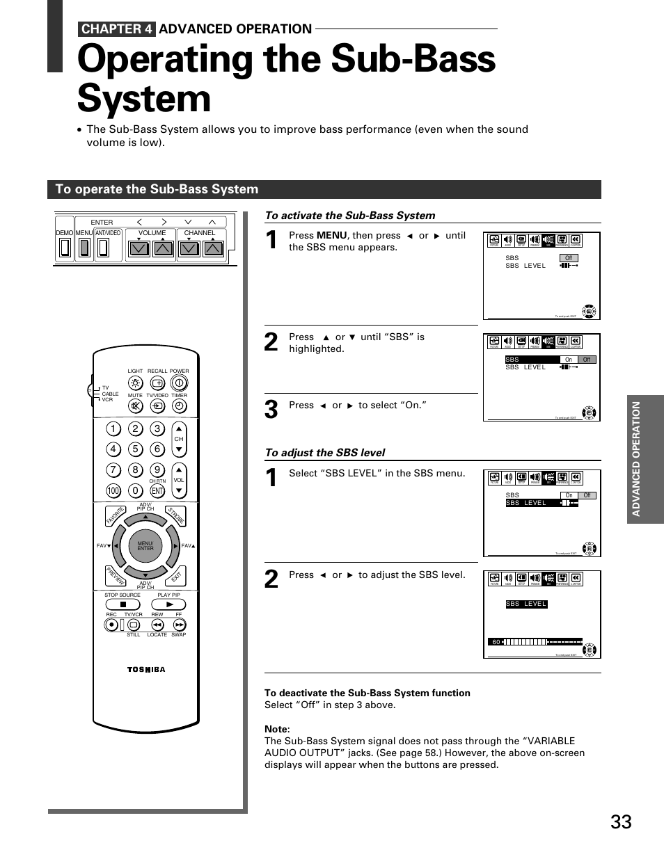 Operating the sub-bass system, Chapter 4 advanced operation, Advanced operation | Toshiba TP 50H60 User Manual | Page 33 / 63