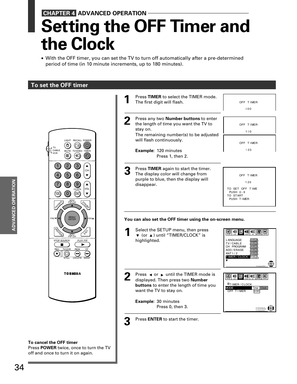 Setting the off timer & the clock, Setting the off timer and the clock | Toshiba TP 50H60 User Manual | Page 34 / 63