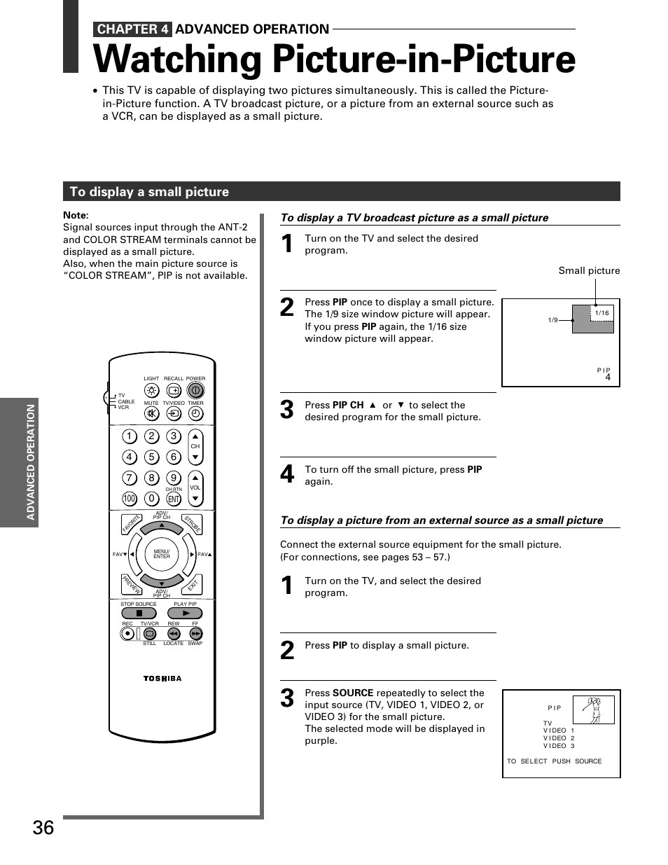 Watching picture-in-picture | Toshiba TP 50H60 User Manual | Page 36 / 63