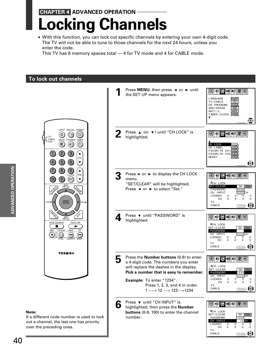 Locking channels, Chapter 4 advanced operation, Advanced operation | Toshiba TP 50H60 User Manual | Page 40 / 63