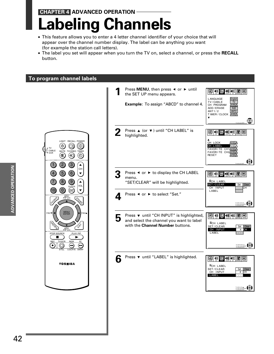 Labeling channels, Chapter 4 advanced operation, Advanced operation | Toshiba TP 50H60 User Manual | Page 42 / 63