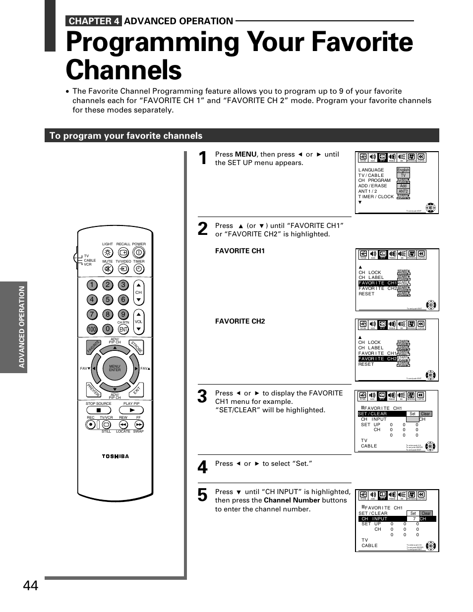 Programming your favorite channels, Chapter 4 advanced operation, Advanced operation | Toshiba TP 50H60 User Manual | Page 44 / 63