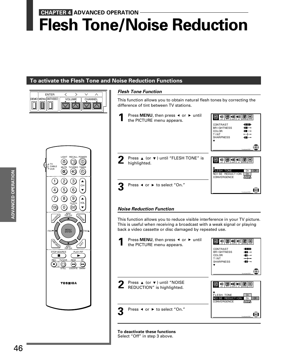 Flesh tone/noise reduction, Chapter 4 advanced operation, Flesh tone function | Noise reduction function, Advanced operation | Toshiba TP 50H60 User Manual | Page 46 / 63