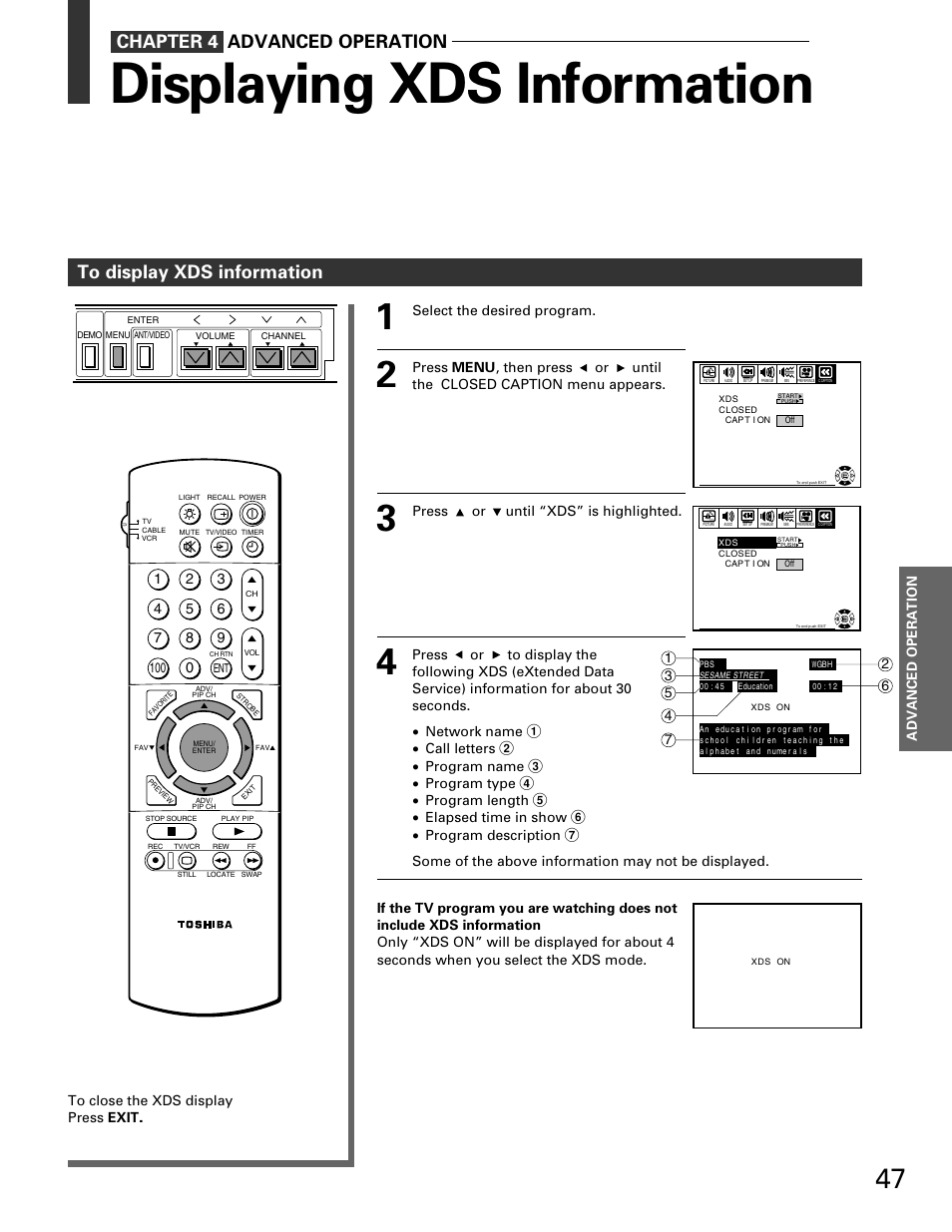 Displaying xds information, Chapter 4 advanced operation | Toshiba TP 50H60 User Manual | Page 47 / 63