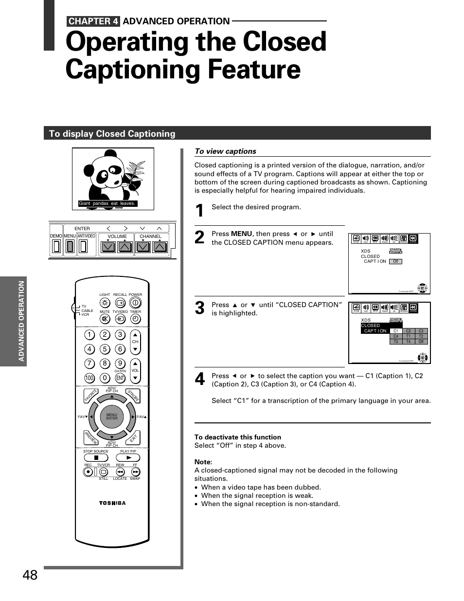 Operating the closed captioning feature | Toshiba TP 50H60 User Manual | Page 48 / 63