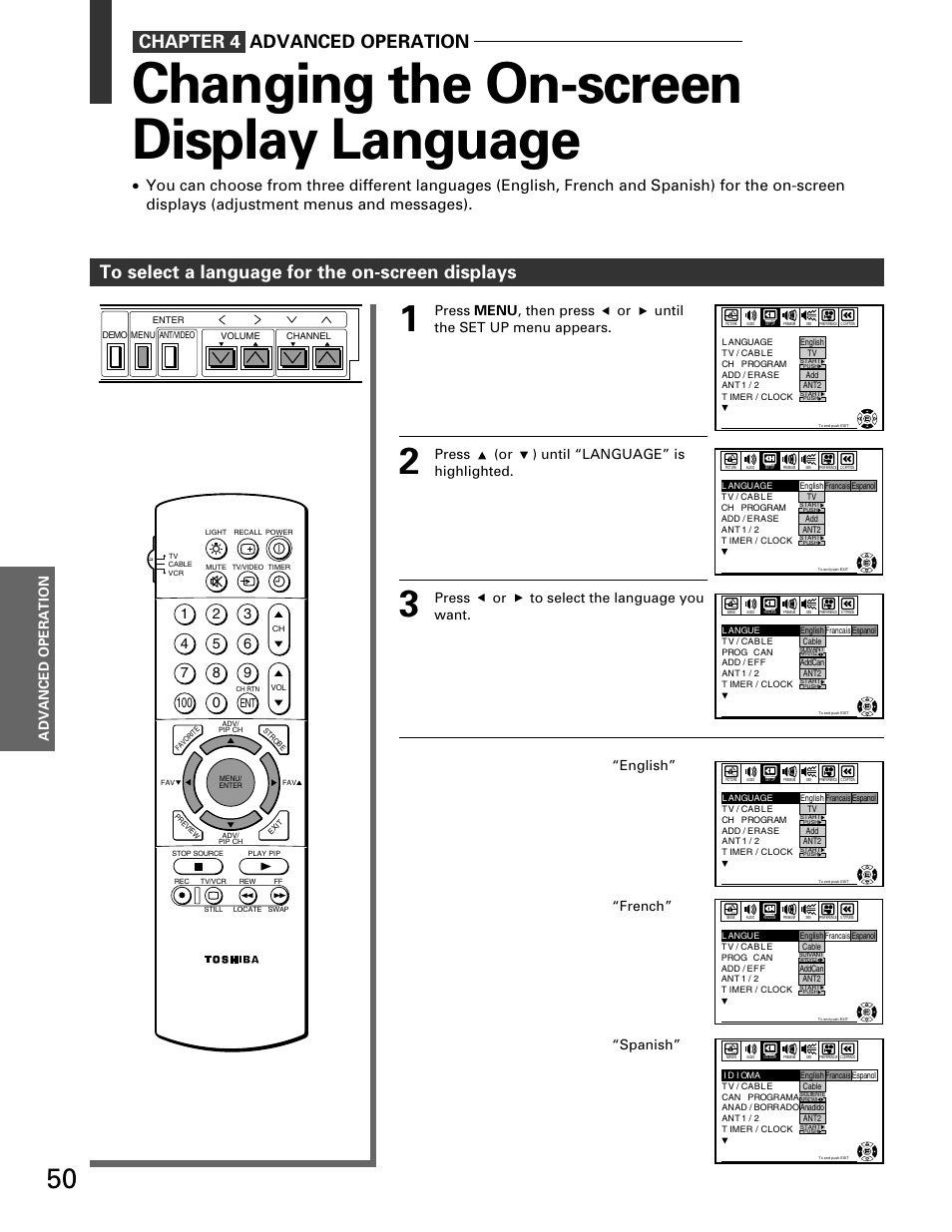 Changing on-screen display language, Changing the on-screen display language, Chapter 4 advanced operation | Advanced operation, French” “english | Toshiba TP 50H60 User Manual | Page 50 / 63