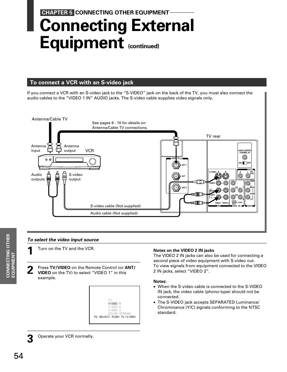 Vcr with an s-video jack, Connecting external equipment, Continued) | Chapter 5 connecting other equipment | Toshiba TP 50H60 User Manual | Page 54 / 63