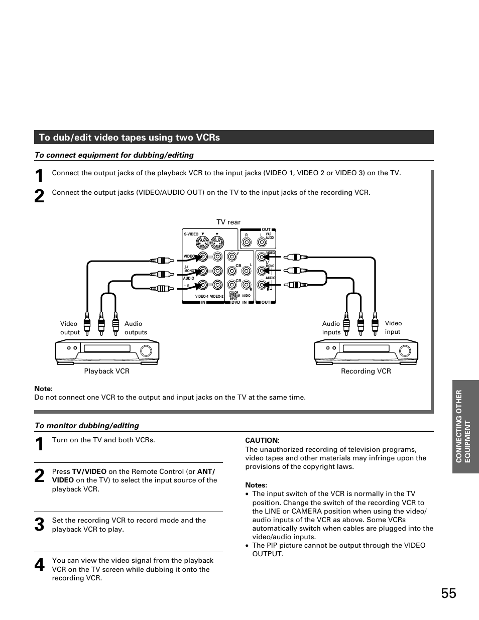 Dub/edit tapes using two vcrs | Toshiba TP 50H60 User Manual | Page 55 / 63